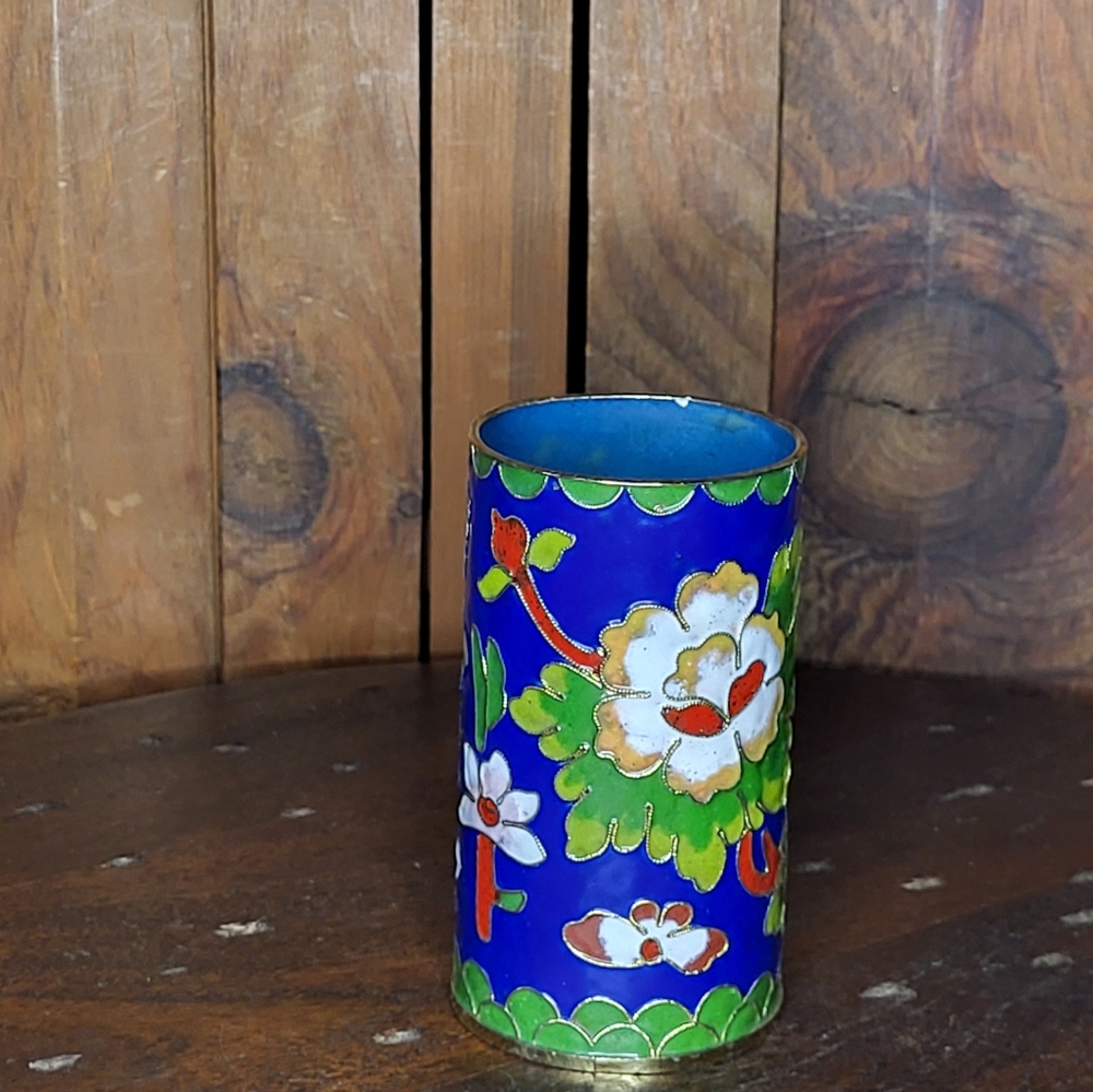 Floral Blue and Green Cloisonné Vase - Picture 11 of 14